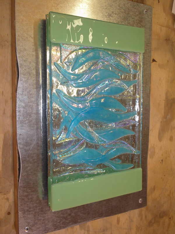 Picture Of Fused Glass Hanging Panel Mounted To Galvanized Metal On Oak W/Decorative Rivets